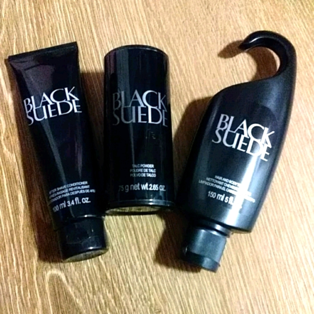 Avon Black Suede 3 Piece Set - After Shave, Hair & Body Wash, Talc New
